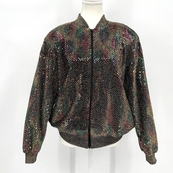 Brenda Goode Womens SMALL Colorful Sequin Zip Jacket Bomber DISCO Shoulder Pads - Picture 1 of 10